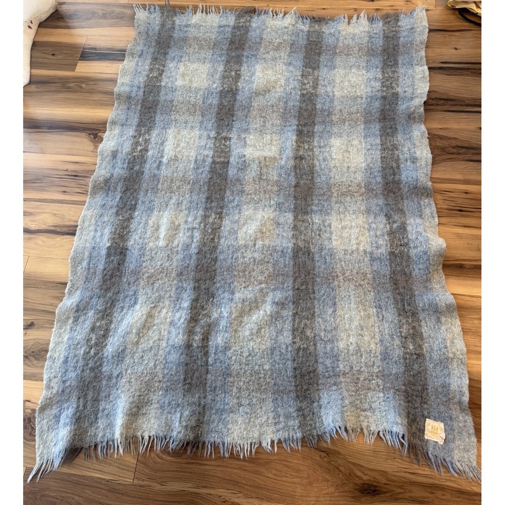 Vtg Hudson's Bay Plaid Brushed Wool Blend Throw Blanket Blue Gray Fringe 60x44